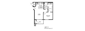 A floor plan of a living space with a kitchen, bathroom and bedroom.