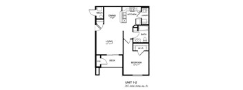 A floor plan of a 747 total living square foot apartment.