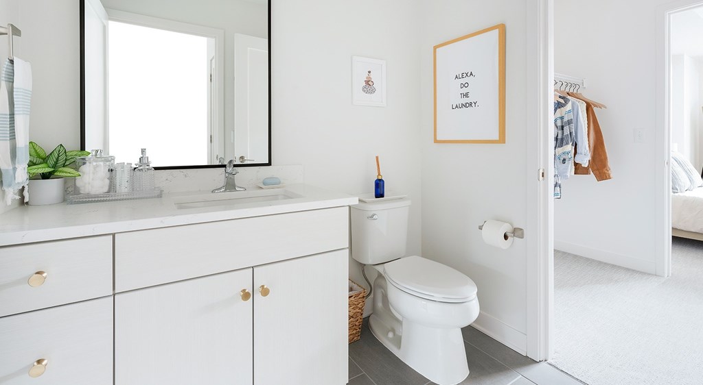 A bathroom with a white toilet and a mirror above the sink.