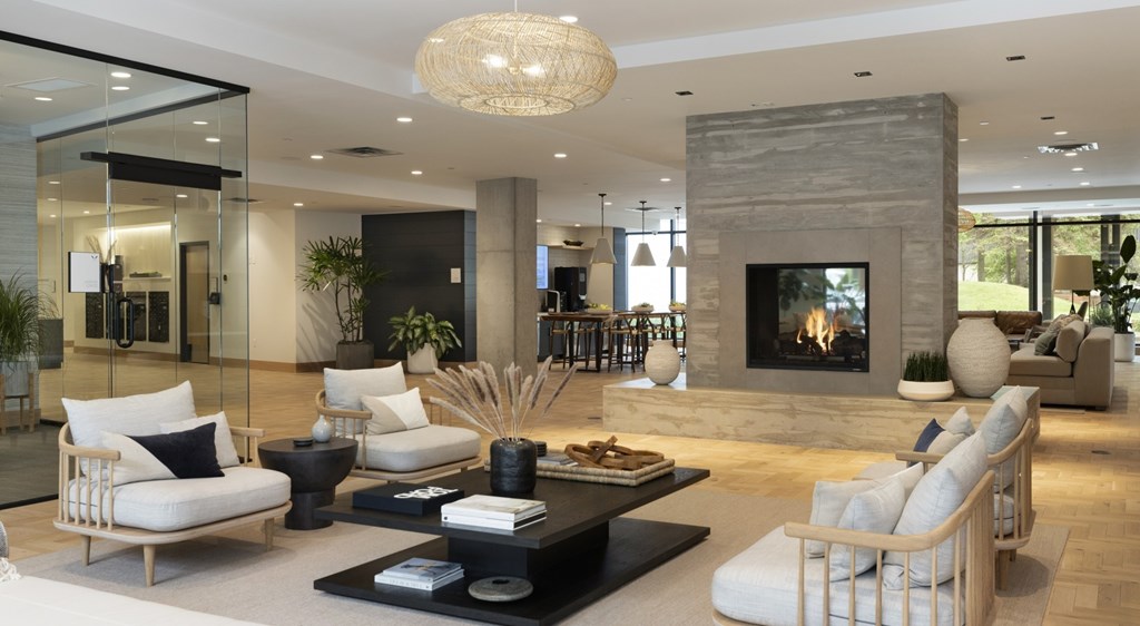 A modern living room with a fireplace and comfortable seating.