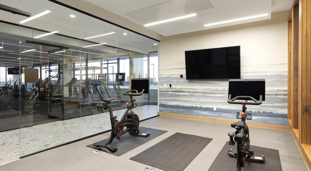 A modern gym with exercise bikes and a television.