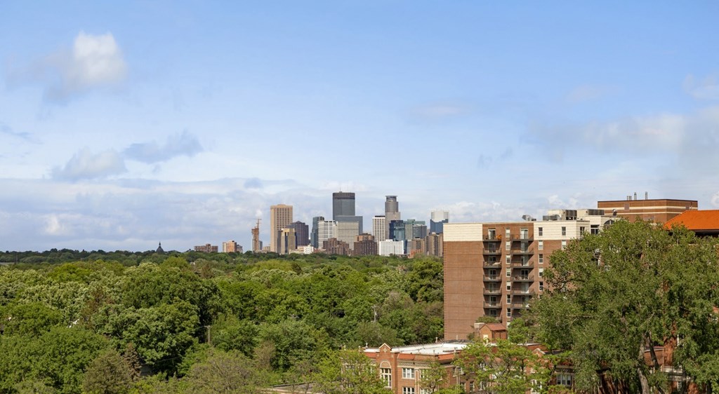 A city skyline is seen through a lush green forest.