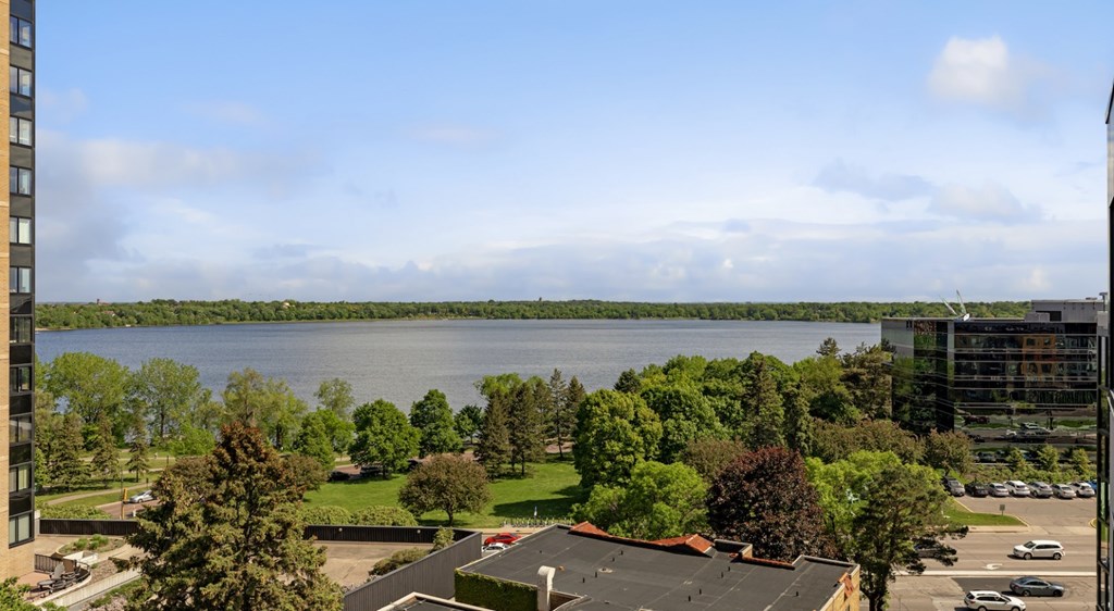 A view of a lake from a high vantage point with trees and buildings in the foreground.