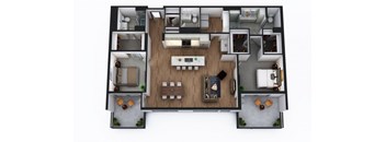 A top-down view of a house layout with a kitchen, living room, and two bedrooms.