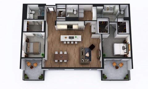 A top-down view of a house layout with a kitchen, living room, and two bedrooms.