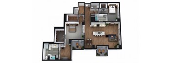 A 3D floor plan of a multi-level home with various rooms and furnishings.