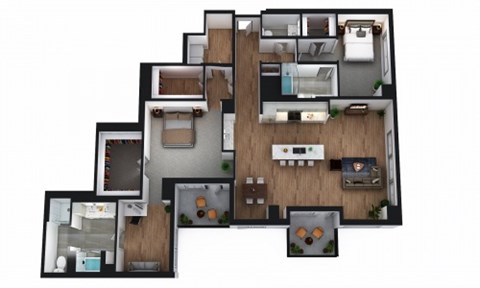 A 3D floor plan of a multi-level home with various rooms and furnishings.
