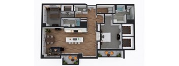 A top-down view of a house layout with a living room, kitchen, and bedrooms.