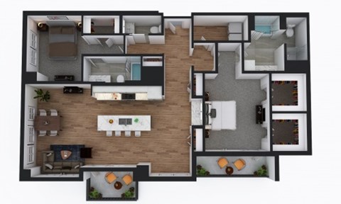 A top-down view of a house layout with a living room, kitchen, and bedrooms.