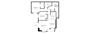 A black and white image of a house floor plan with a living room, dining room, kitchen, two bedrooms, and two bathrooms.
