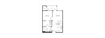 A floor plan of a house with a bedroom, living room, dining room, kitchen, and bathroom.