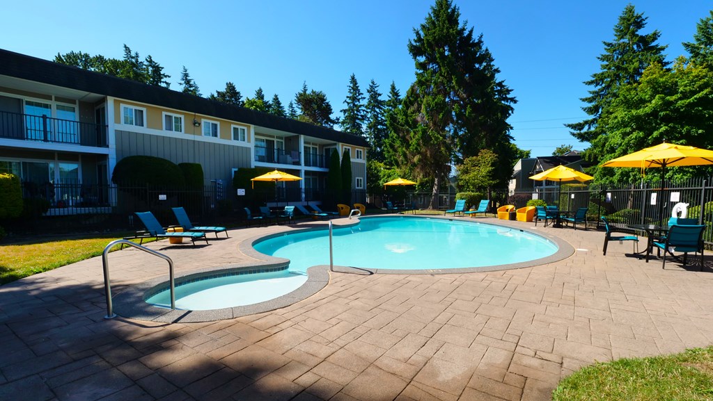 A swimming pool surrounded by chairs and umbrellas in a backyard.