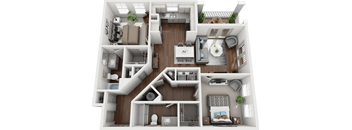 A 3D floor plan of a house with a kitchen, living room, bedrooms, and bathrooms.