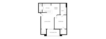A floor plan of a house with a living room, dining room, kitchen, bedroom, bath, and patio/balcony.