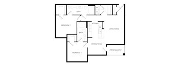 A floor plan of a house with two bedrooms, a kitchen, a dining room, a living room, and a patio/balcony.
