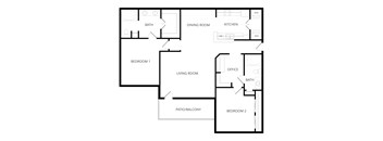 A floor plan of a house with two bedrooms, a living room, a kitchen, a bathroom, a dining room, and an office.