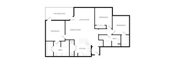 A floor plan of a house with a living room, dining room, kitchen, and three bedrooms.
