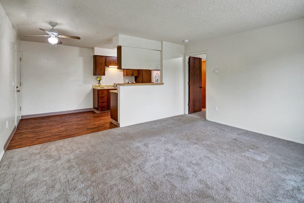 Spacious empty living room here at Rancho Tudor Apartments with beige carpet, white walls, and a small kitchen area with wooden cabinets. Ceiling fan and open doorway add a welcoming feel.