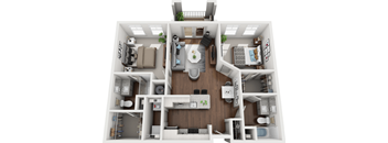 A 3D floor plan of a house showing a kitchen, living room, and bedrooms.