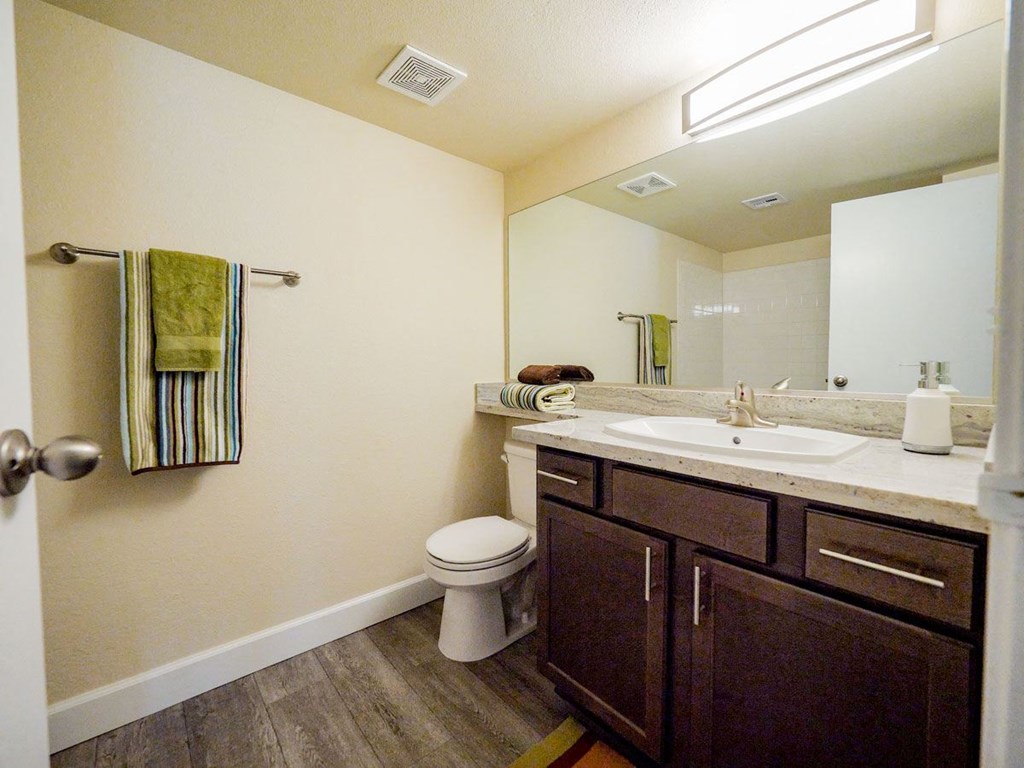 a bathroom with a sink toilet and mirror