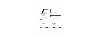 A floor plan of a small apartment with a bedroom, bathroom, kitchen, and living/dining room.