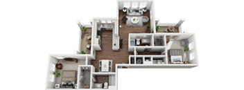 A 3D floor plan of a house with multiple rooms and furniture.