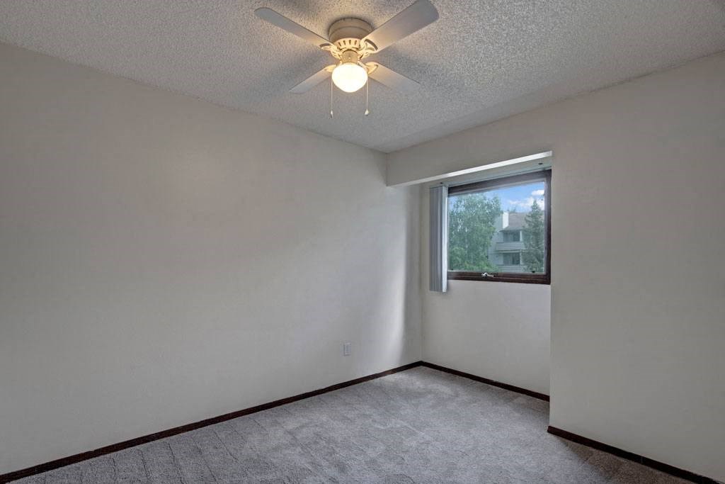 Small, empty room here at Russian Jack Apartments with light gray walls, a ceiling fan, and a window showing trees outside. Carpeted floor adds a cozy feel. Bright, serene atmosphere.