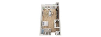 a 3d floor plan of a bedroom with a wood floor