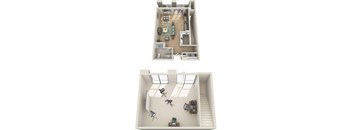 a stylized floor plan with a bedroom and a living room
