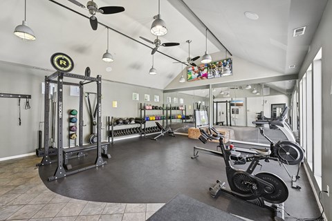 A gym with a variety of equipment including a stationary bike, weight rack, and a squat rack.