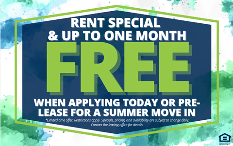 A sign advertises a rent special and up to one month free when applying for a summer move in.