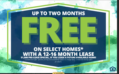 A promotional image offering up to two months free on select homes with a 12-16 month lease.