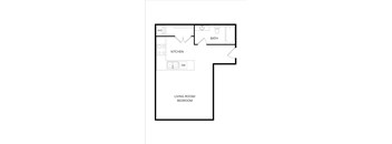 A floor plan of a small apartment with a living room, bedroom and kitchen.
