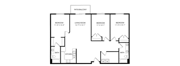 A floor plan of a house with a living room, four bedrooms, a bathroom, and a kitchen.