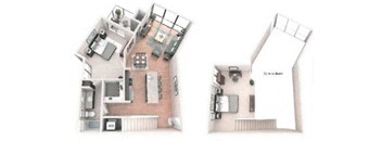 two views of a house with a kitchen and a living room