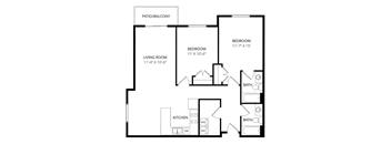 A black and white image of a floor plan for a home with a living room, kitchen, two bedrooms, and bathrooms.