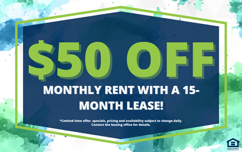 A promotional image offering $50 off on a monthly rent with a 15-month lease.