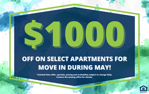 A promotional image offering $1000 off on select apartments for move-in during May.