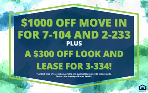 A promotional image offering a $1000 move-in bonus and a $300 look and lease bonus for specific apartment numbers.
