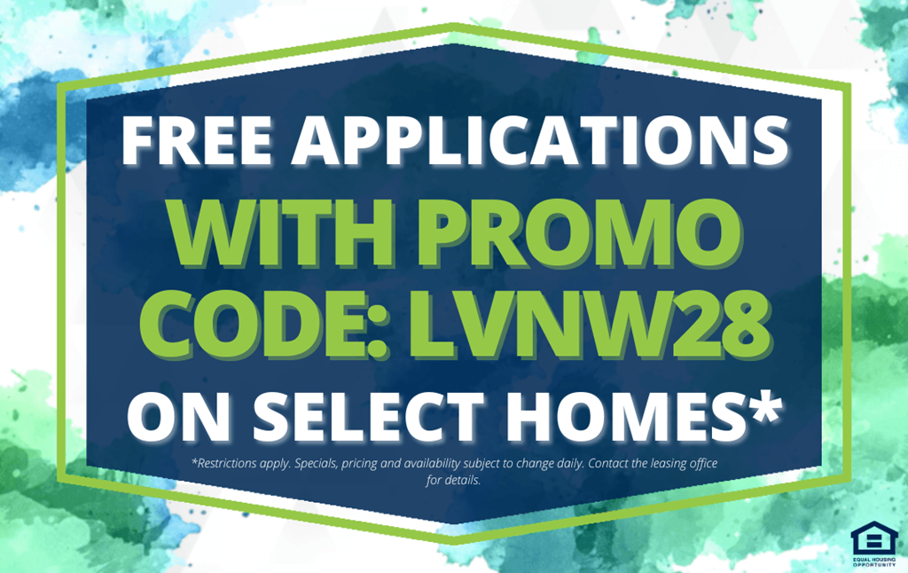 A promotional image offering free applications with a promo code for select homes.