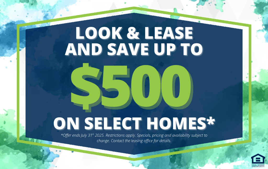 A promotional image offering up to $500 savings on select homes.