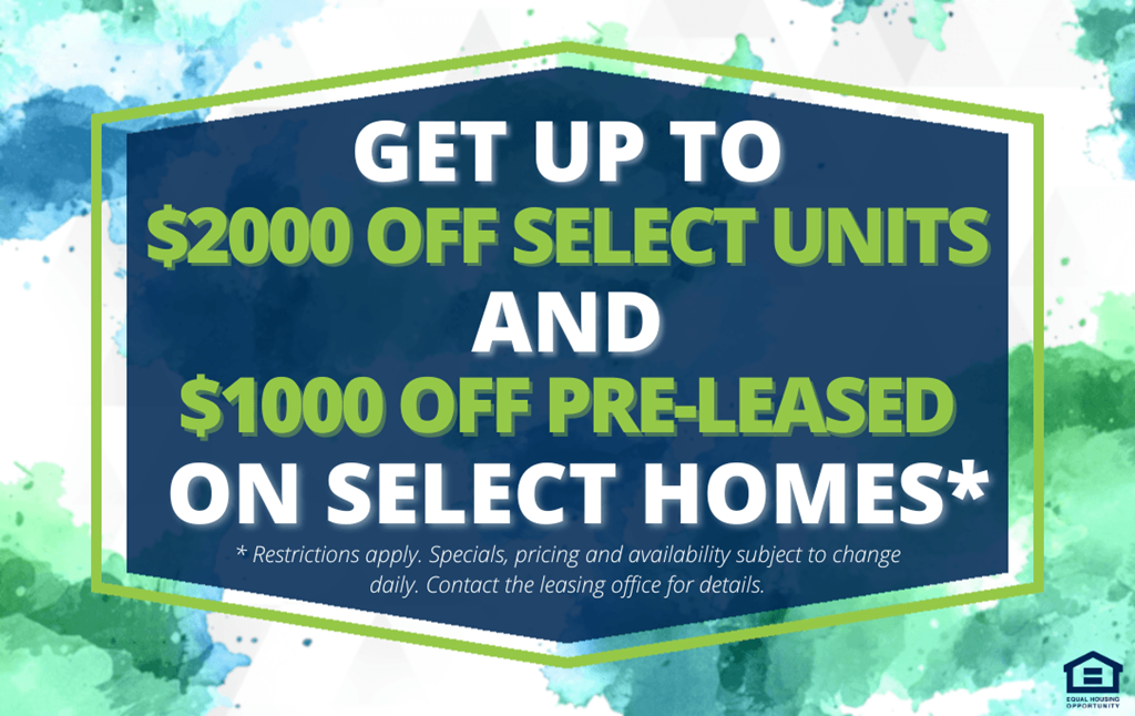 A promotional image offering up to $2000 off on select units and $1000 off on select homes.
