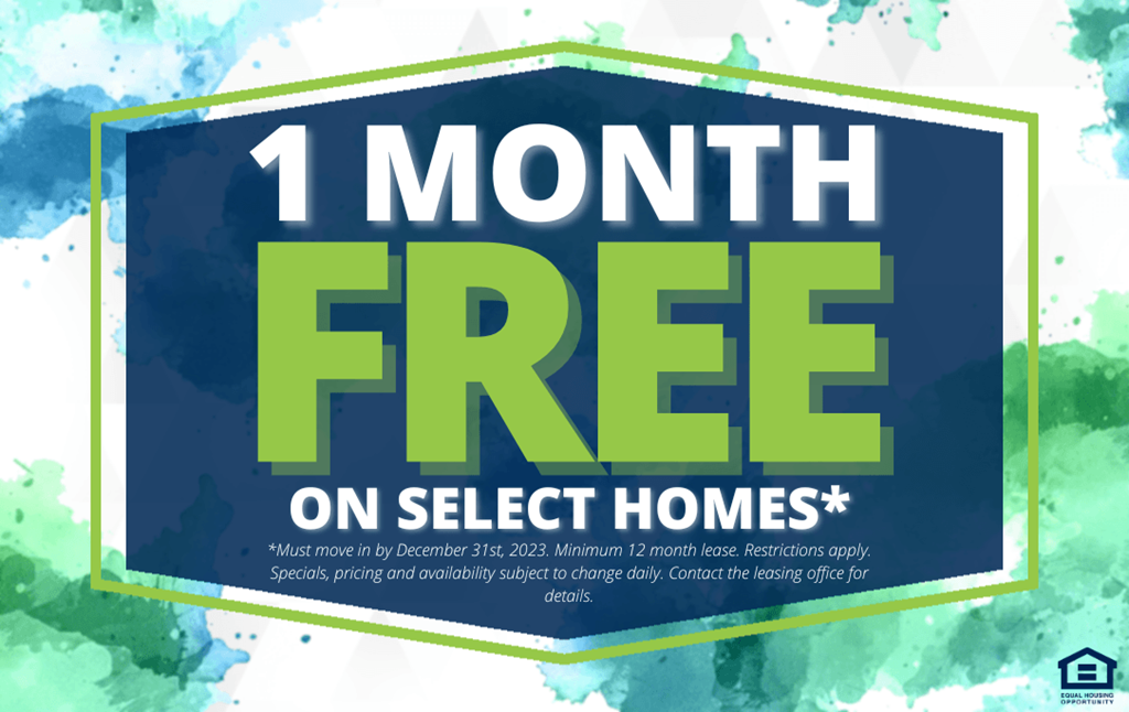 a blue and green sign that reads 1 month free on select homes