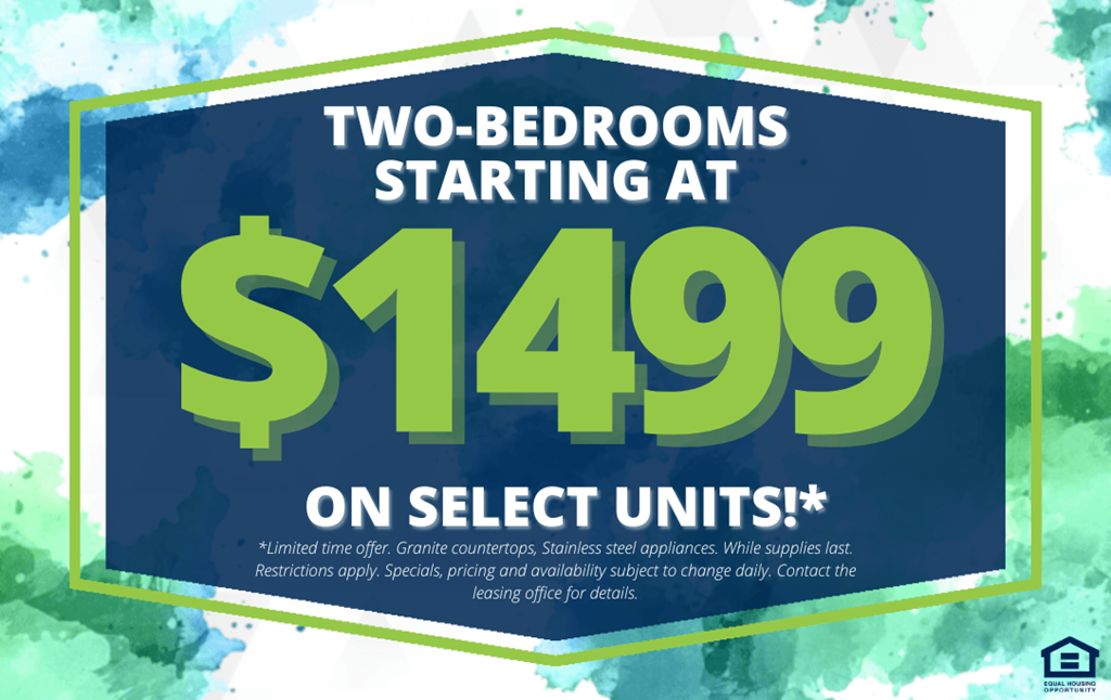 A promotional image advertising two-bedroom apartments starting at $1499.