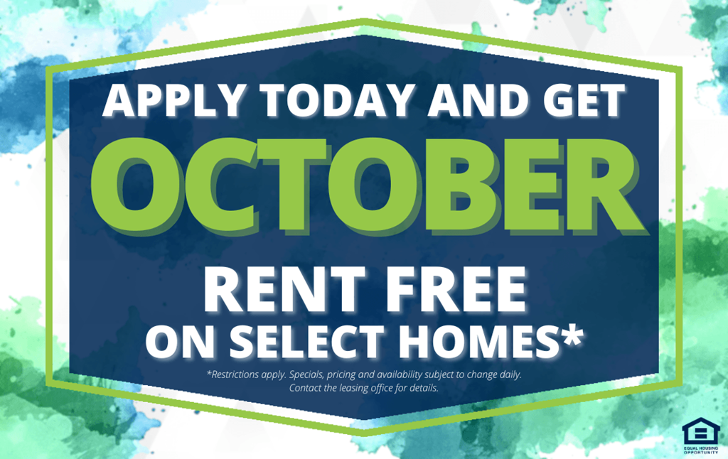 A promotional image offering rent-free October on select homes.