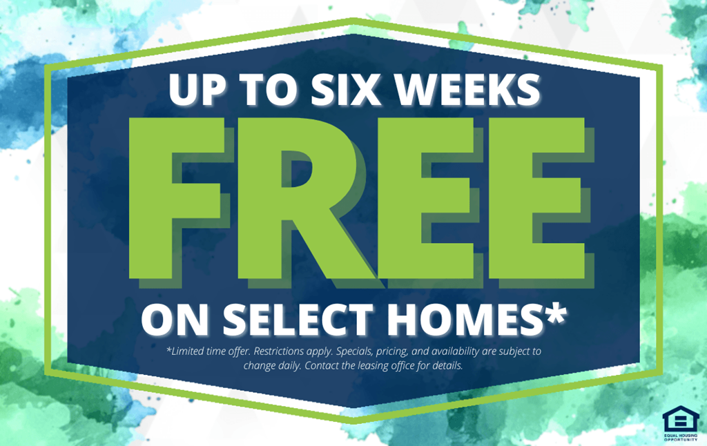 A promotional image advertising up to six weeks free on select homes.