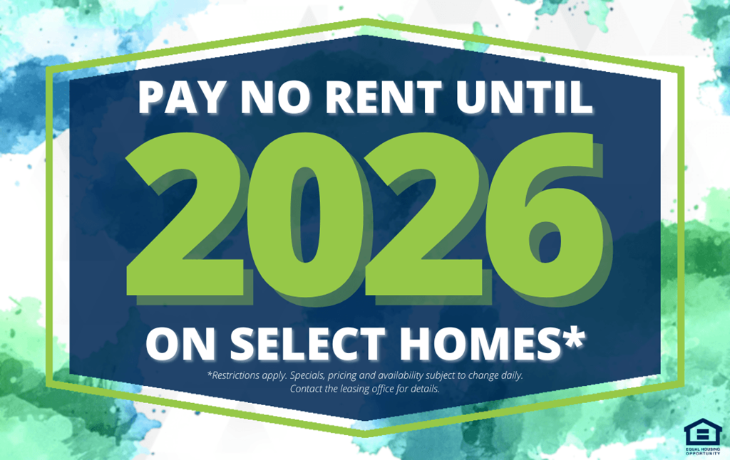A promotional image offering a pay no rent deal on select homes until 2026.