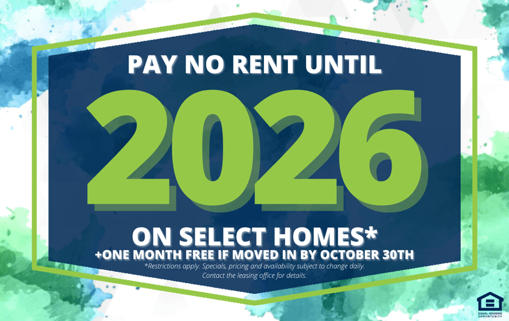 An advertisement for a housing program offering to pay no rent until 2026 on select homes.