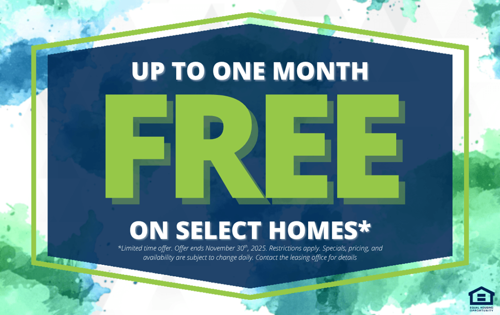 A promotional image offering up to one month free on select homes.