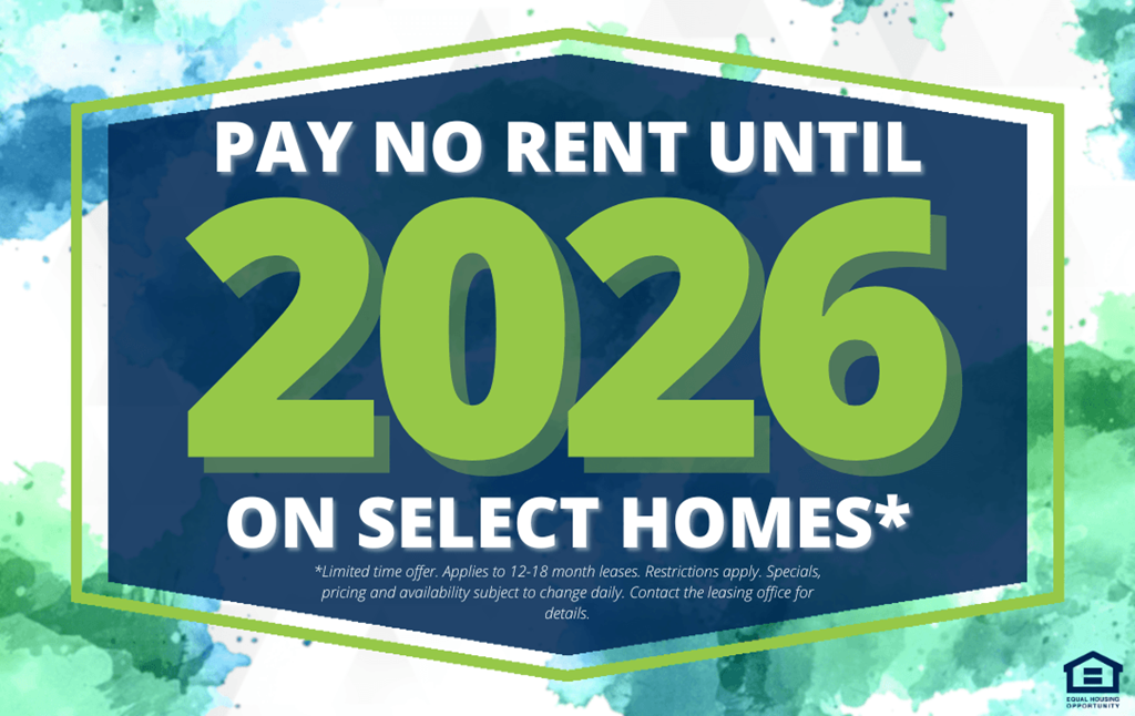 A promotional image offering to pay no rent until 2026 on select homes.
